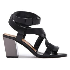 Tom Ford Black Strappy Leather Toe Ring Metallic Tan Block Heel Sandals